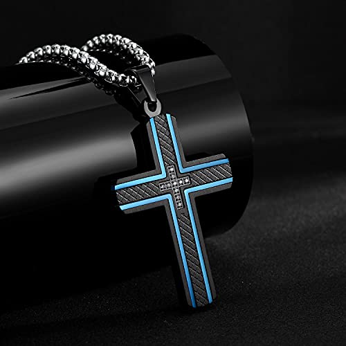 Men's Stainless Steel Cross Necklace,Two-Tone Black & Blue Carbon Fiber Pendant - Included Gift Box - style: Black & Blue XL0004