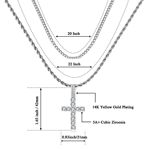 GEMOSA Cross Necklace for Men, Cuban Link Layered Rope Chain Silver/Gold/Black - color: Silver, size: 20/22 inch