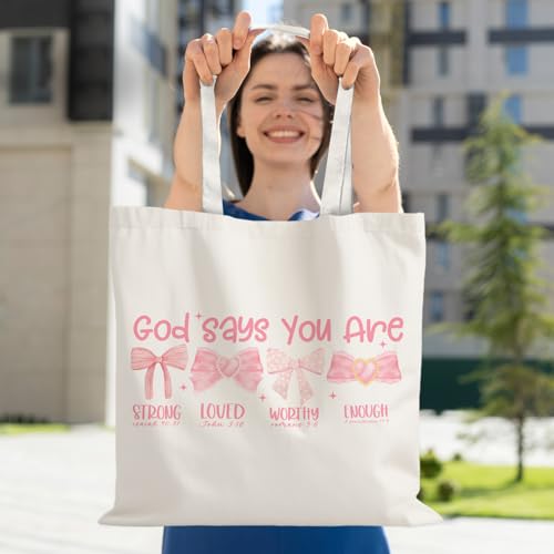 God Says You are Christian Canvas Tote Bags for Women, Inspirational Christian Gifts for Women - color: Pink Bow God Says