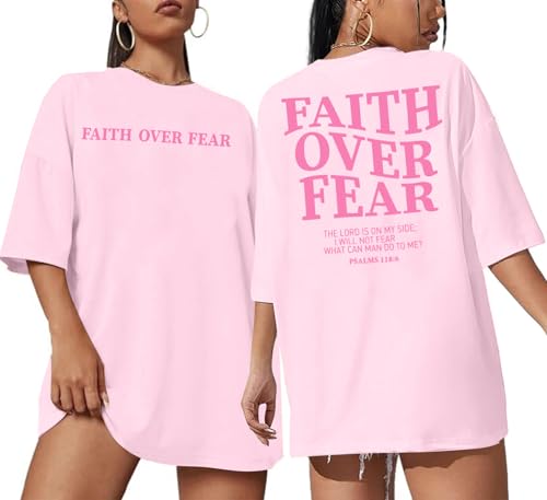 BANGELY Faith Over Fear Shirt Women Graphic Shirts Oversized Workout Gym Christian Religious Tees Drop Shoulder Tee Tops - color: B-pink, size: Small