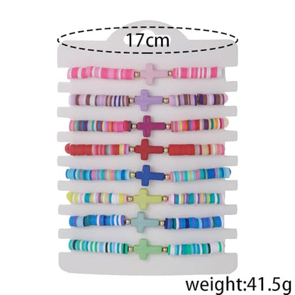 Caiyao 8Pcs Cross Bracelets Bohemian Rainbow Polymer Clay Cross Stretch Bracelets Colorful Stackable Cross Beads Elastic Bracelet for Women Summer Beach Friendship Jewelry Gifts - color: Set A