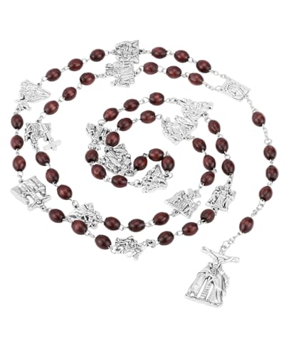 14 Stations of Cross Pendant Chaplet Rosary Necklace 7x9mm Wooden Prayer Beads Chain Sacraments Jewelry