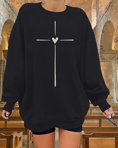 Christian Sweatshirts for Women Embroidered Jesus Cross Heart Print Shirt Inspirational Oversized Religious Pullover - color: Black, size: Small