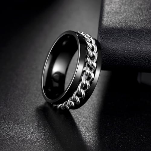 Mens Fidget Rings Anxiety Ring for Men 6mm 8mm Chain Spinner Ring Size 5-14 - color: Black Silver