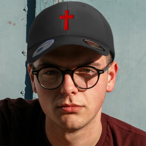 Flexfit Cap for Men & Women Embroidered Cone Cross Red Jesus Faith Christ God Flexfit Hats Baseball Caps - color: Dark Navy Design Only, size: Large-X-Large