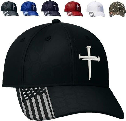 Christian Hats for Men, Three Nails Cross Embroidered Faith Baseball Cap - color: Black