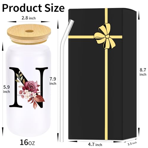 Monogrammed Glass Drinking Cup With Lid Straw Women Wife Anniversary Her 1 2 3 5 6 7 8 10 14 20 25 40 50 Year Gifts Cotton Copper Ivory Bronze Leather Iron Paper First 5th 6th 10th 25th 40th 50th 60,N - style: Letter N