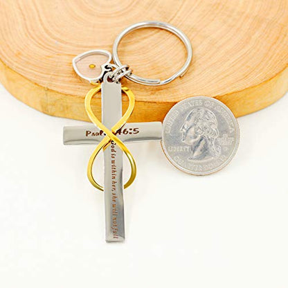 Uloveido Stainless Cross Infinity Keychain Mustard Seed Charms Psalm 46:5 Christian Bible Quote Keyring Baptism Gift - style: Heart Seed