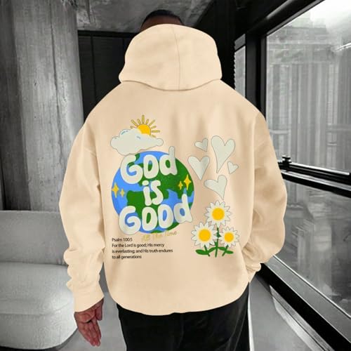 Christian Jesus Hoodies for Men God is Good Bible Verse Sweatshirt Inspirational Graphic Flower Religious Hoodie(Apricot,L)