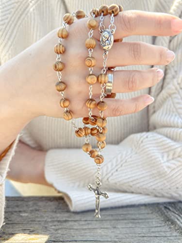 Nazareth Store Catholic Prayer Rosary Olive Wood Beads Necklace Holy Soil Medal & Metal Cross Velvet Gift Bag