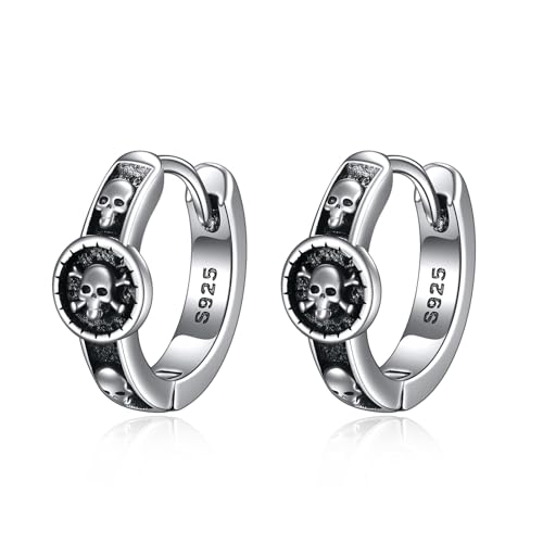 AOBOCO Black Hoops Earrings for Men Sterling Silver Viking Celtic Cross Heart Skull Round Triangle Hoop Earrings Birthday Father Day Christmas Jewelry Gifts for Men Women Friends - style: Skull Hoops