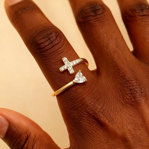 Sora Tuki Gold Cross Rings for Women Silver Adjustable Rings for Women Cubic Zirconia Heart Cross Purity Ring Dainty Stackable Ring for Women Christian Religious Jewelry - color: Golden, style: CZ Cross Heart