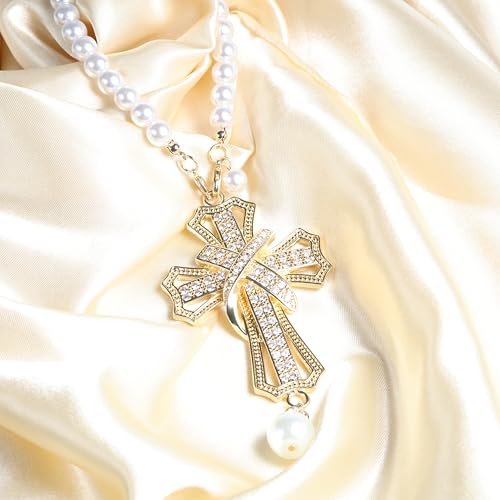 Car Rear View Mirror Hanging Cross Charm, Christian Car Accessories, Rearview Mirror Accessories, Cross for Car, 18K Gold Plated Brass with CZ Crystals & Pearl Beads, Faith Gift for Drivers Safe Travel