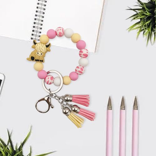 SHINYHARBOR Silicone Beaded Wristlet Keychain Bracelet,Key Wrist Keychains for Women Mom Teachers Best Friend - color: Cow-pink