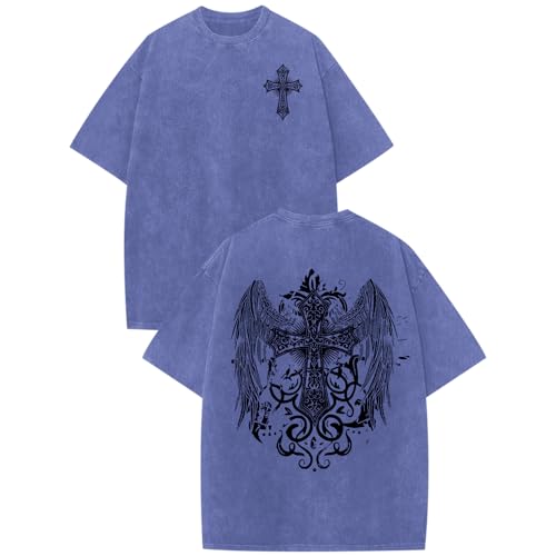 Vintage Goth Punk Shirts for Men Grunge Streetwear Oversized Tshirts Gothic Cross Graphic Tees Y2k Acid Wash T Shirt - color: Blue, size: 3X-Large