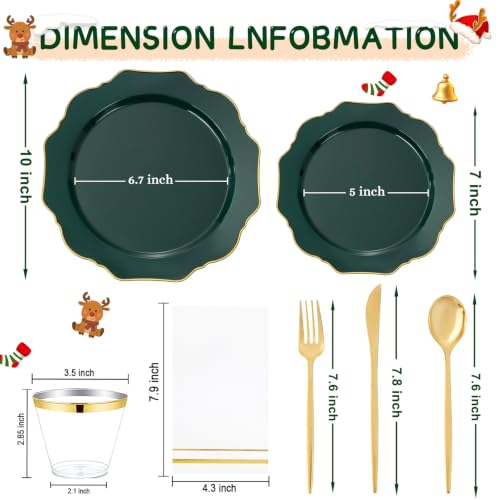 WDF 175Pcs Green Plastic Plates - Green Plates Disposable with Gold Rim - Christmas Plastic Plate - Fancy Disposable Dinnerware Sets 25 Guests Ideal for Party/Wedding/Birthday - color: Green and Gold, size: 175 pieces
