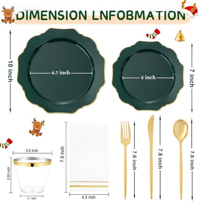 WDF 175Pcs Green Plastic Plates - Green Plates Disposable with Gold Rim - Christmas Plastic Plate - Fancy Disposable Dinnerware Sets 25 Guests Ideal for Party/Wedding/Birthday - color: Green and Gold, size: 175 pieces
