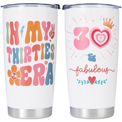 30th Birthday 20oz Tumbler Gift for Women – “Hello Thirties” & “30 and Fabulous” – Stainless Steel Insulated Travel Mug with Lid – Funny Gift for Her, Friends, Sister, Daughter - color: 30th fabulous era