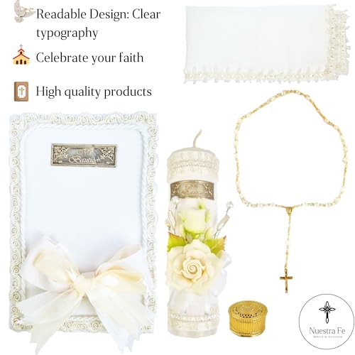 Complete Baptism Candle Set Unisex 5 pc | Baptism kit Catholic with Rosary - color: Cream