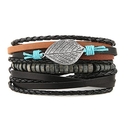 HZMAN Handmade Hemp Cords Wood Beads Leather Bracelets for Men Women - style: Leaves