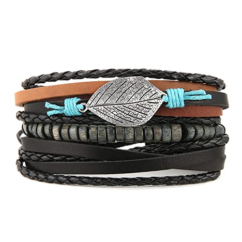 HZMAN Handmade Hemp Cords Wood Beads Leather Bracelets for Men Women - style: Leaves