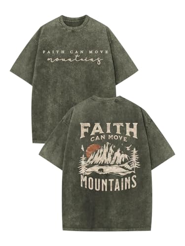Men's Graphic Shirt Faith Can Move Mountains Shirt Oversized Camping Hiking Tees Acid Wash Casual T-Shirt - color: A Army Green, size: Large