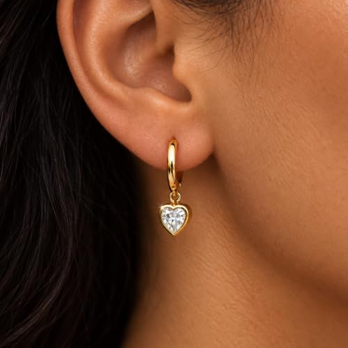 Dangle Earrings for Women, Dainty Huggie Hoop Dangle Earrings - color: CZ Heart 01 Dangle Gold