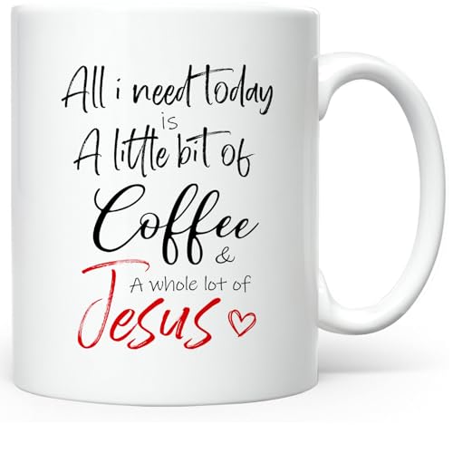 Christian Gifts for Women Ceramic Coffee Mug, Religious Gifts, Inspirational Scripture Coffee&Tea Mug, Bible Verse: Jesus & Coffee, Microwave and Dishwasher-safe (White-RED Jesus)