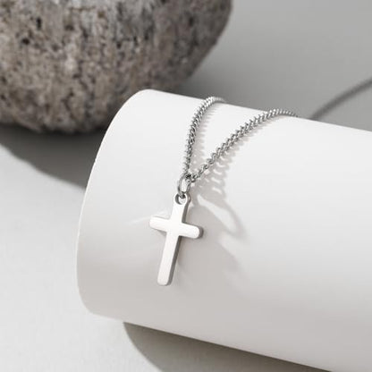 Small Cross Necklace for Boys Baptism Christmas Confirmation Valentines Easter Birthday Gifts to Teens Son Grandson Nephew - color: silver, style: Happy Birthday
