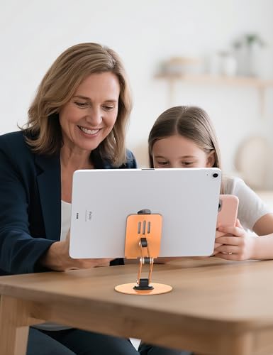 360° Rotating Cell Phone Stand for Desk, Adjustable Foldable Aluminum Phone Holder with Anti-Slip Base, Sturdy Desktop Stand Compatible with iPhone, iPad, Android Phones – Orange - color: Orange
