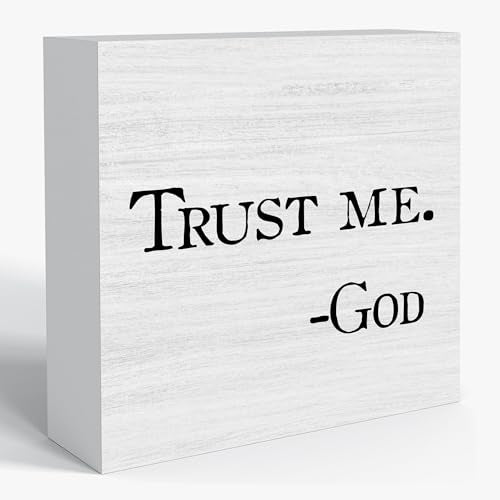 Trust Me God Christian Art Box Sign 5x5 Wooden Desk Decor | Inspirational Christian Decor for Home Office Shelf Table Blessed Motivational Quotes Farmhouse Style Accent - color: Trust Me God Christian