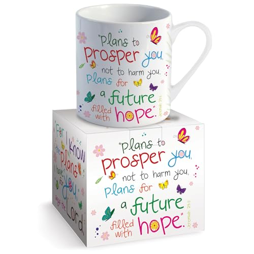 Christian Coffee Mug with Gift Box, 12 oz Ceramic, with Bible Verse - color: White / Plans
