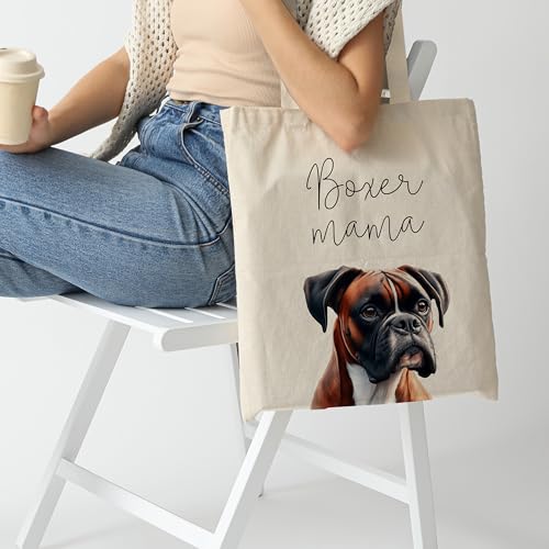 Dog Mom Canvas Tote Bag for Women, Reusable Cotton Shoulder Bag, Dog Lover Gift, Mother’s Day Pet Mom Shopping Tote - color: Boxer