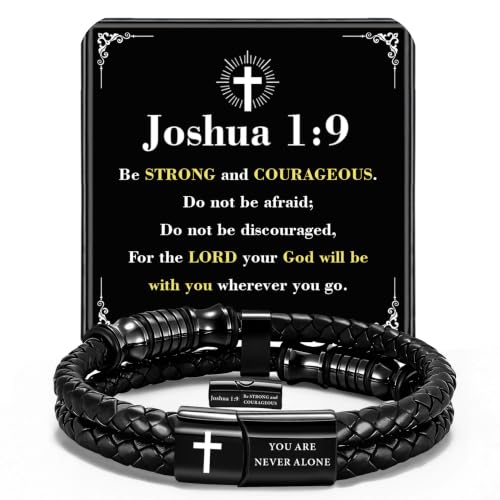 Christian Gifts for Mens Jewelry Black Double Layer Leather Cross Bible Verse Bracelets for Men, Teen Boys Religious Baptism Confirmation Gifts for Son Grandson Brother Teenages Gift Ideas - color: Joshua 1:9(8.27 Inch)