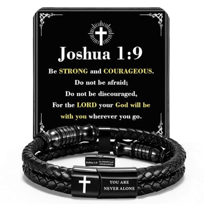 Christian Gifts for Mens Jewelry Black Double Layer Leather Cross Bible Verse Bracelets for Men, Teen Boys Religious Baptism Confirmation Gifts for Son Grandson Brother Teenages Gift Ideas - color: Joshua 1:9(9 Inch)