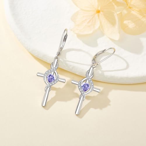 ONEFINITY Cross Earrings for Women 925 Sterling Silver Cross Birthstone Dangle Drop Earrings Infinity Cross Religious Jewelry Gifts for Women - color: 06-Jun-Created Alexandrite