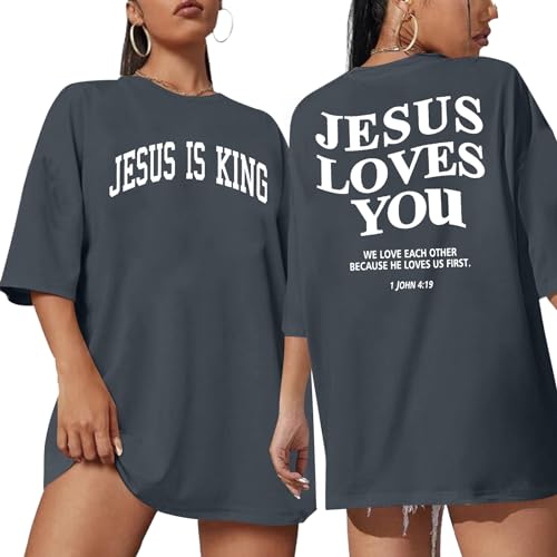 Christian Shirt Women Oversized Jesus Tshirt Jesus Love You Shirts Jesus Faith Tops Bible Verse Inspirational Tee - color: Grey, size: Small