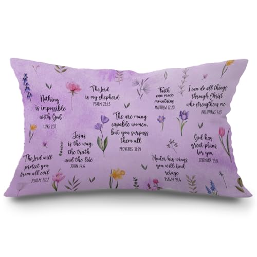 JINYO Inspirational Christian Bible Verse Purple Floral Pillow Cover 12x20, Motivational Scripture Religious Lumbar Pillow Cover for Couch Bed Home Bedroom Living Room Office - color: Bible Pillow Covers(purple)