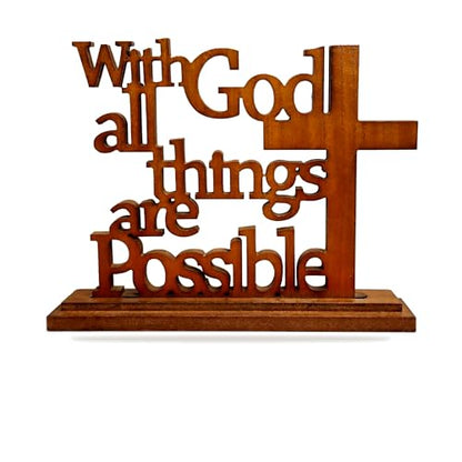 With God All Things Are Possible Wood Plaque – Matthew 19:26 Bible Verse Sign with Stand – Laser-Cut Scripture Cross Decor – 14×11 Inch MDF Walnut Finish – Christian Tabletop Desk Shelf Display Gift