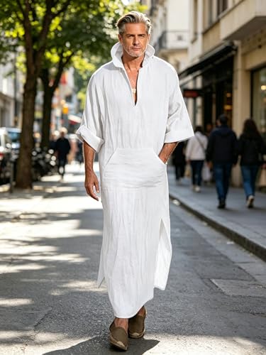 Jacansi Men's 65% Cotton 35% Linen Kaftan Thobe, Long Sleeve Casual Arabic Robe, Loose Long Gown with Pockets - color: 3# White, size: Medium