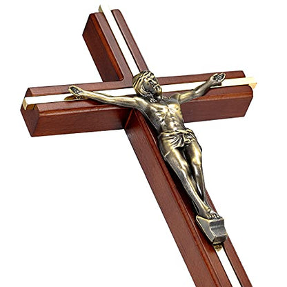 ACHIBANG Crucifix Wall Cross, 10 Inch Wooden Catholic Jesus Home Decor - color: Brown + Antique Brass