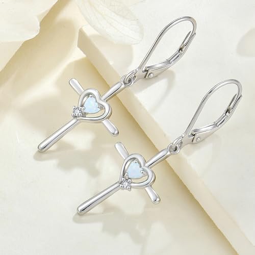 Cross Earrings 925 Sterling Silver Opal Crucifix Dangle Drop Earring Heart Birthstone Religious Jewelry for Women - color: White Opal