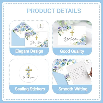 24 Pack Christian Thank You Cards, Watercolor Blue Floral Cross Baptism Thank You Cards with Envelopes & Stickers, VBS Thank You Cards First Communion & Religious Occasions - style: 24 Pcs - Blue Christian