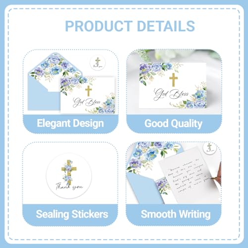 48 Pack Christian Thank You Cards, Watercolor Blue Floral Cross Baptism Thank You Cards with Envelopes & Stickers, VBS Thank You Cards First Communion & Religious Occasions - style: 48 Pcs - Blue Christian