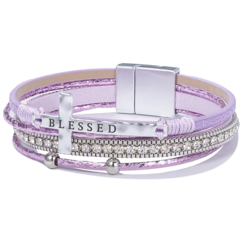Christian Cross Leather Bracelets Boho Western Blessing Religious Jewelry - color: Purple