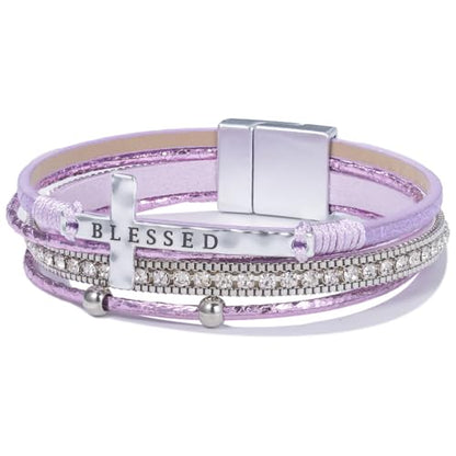 Christian Cross Leather Bracelets Boho Western Blessing Religious Jewelry - color: Purple