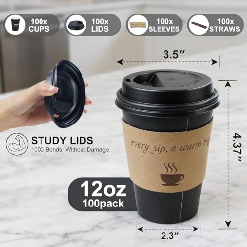 12oz Disposable Coffee Cups with Lids, Kraft Sleeves & Straws, 100 Pack Black Paper Hot Drink Cups - color: Black, size: 12oz-100Pack