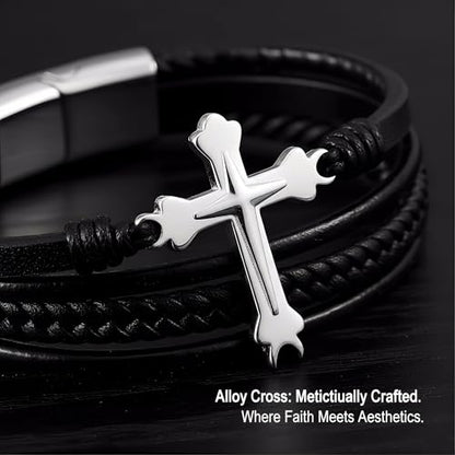 Stainless Steel Braided Leather Bracelet for Men Cuff Bangle Cross - color: Black&Sliver-Style A