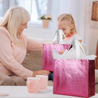 cabzymx Pink Reusable Gift Bags with Metallic Design, 25 Pcs Non-woven Gift Bag Bulk with Handles, Glossy Party Bags for Wrapping Gifts, Birthday, Wedding, Parties, Graduation-12.6x4.7x11 In - color: Pink, size: 1 Count (Pack of 25)