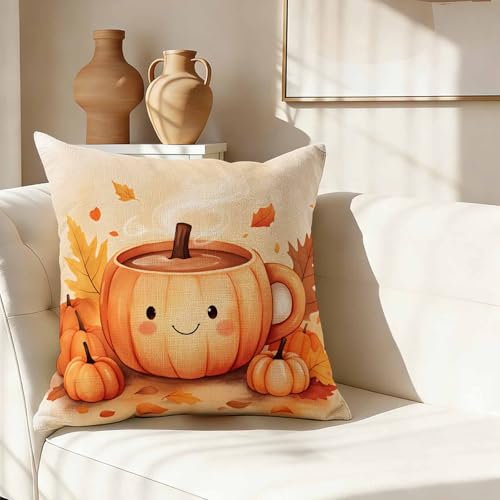 Whimsical Autumn Throw Pillow Cover,Cute Pumpkin Mug with Fall Leaves Decorative Pillow Case,Thanksgiving Harvest Cotton Linen Cushion Case for Home Decor 18 * 18 Inch - color: Settype18
